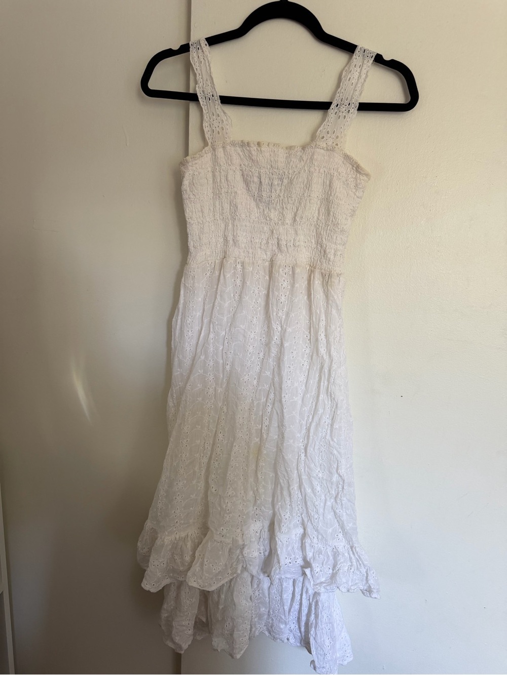 Smocked White Eyelet Midi Dress with Ruffle Hem